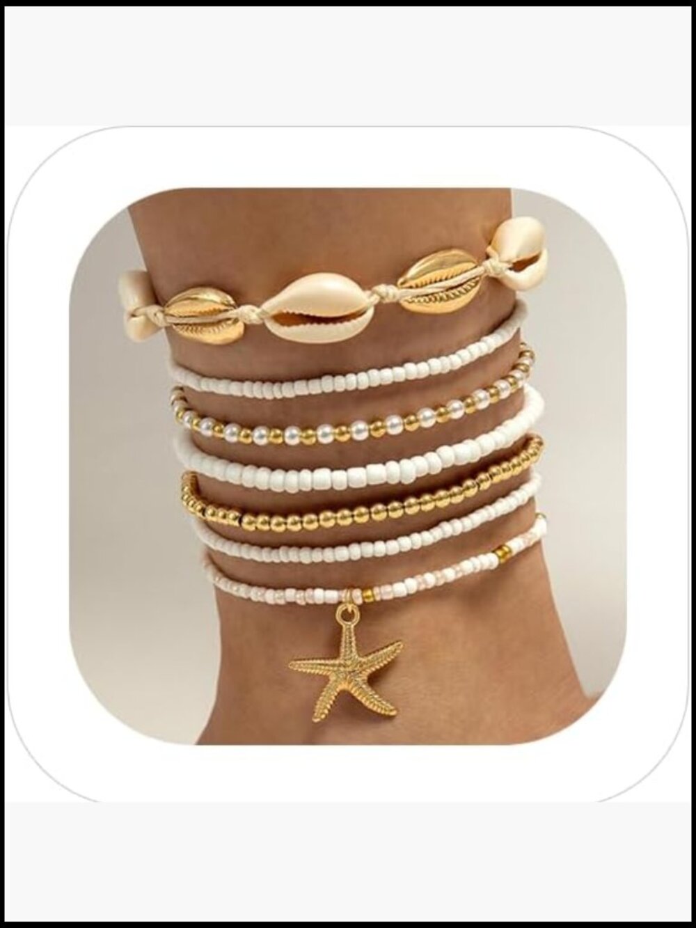 Waterproof Shell Anklet Set Boho Beaded Stretch Starfish Bracelet Beach Foot
